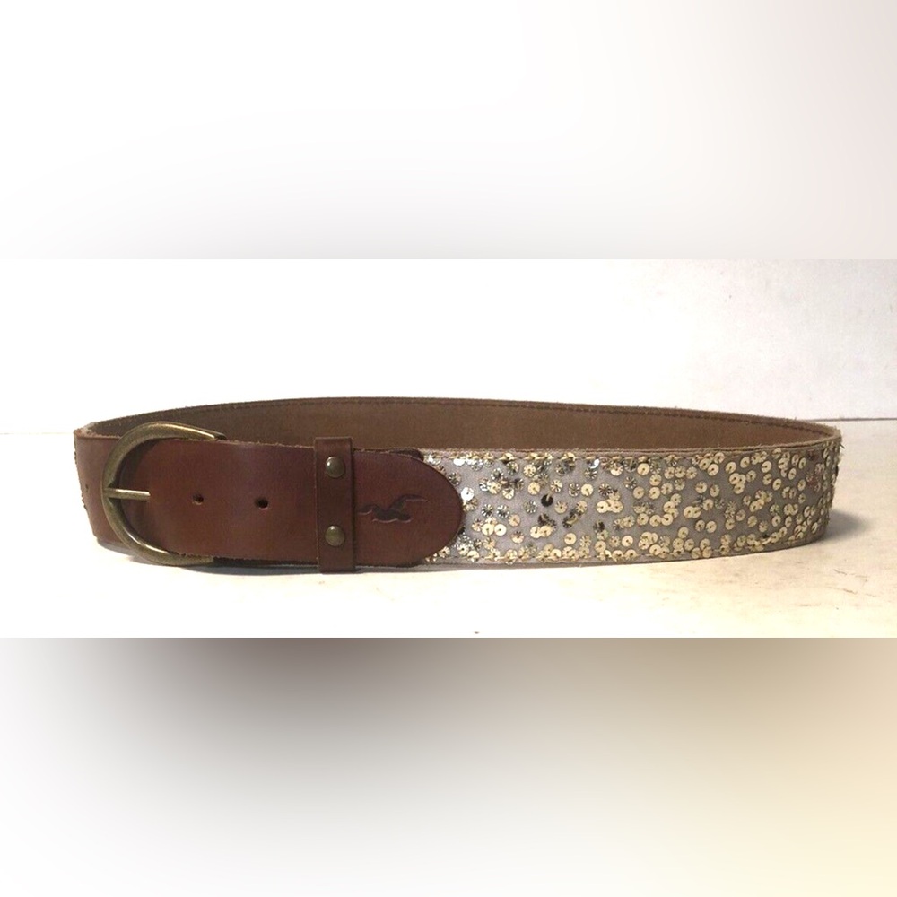 Hollister California Belt Genuine Leather Womens XS/Small Gold Sequin Brown